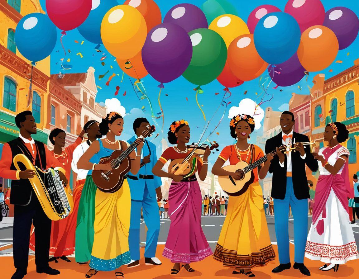 A vibrant collage illustrating diverse musical instruments from around the world, set against a backdrop of colorful cultural celebrations, featuring dancers in traditional attire. Incorporate elements like a lively street festival with balloons, confetti, and joyful expressions. The scene should evoke a sense of unity and happiness across cultures. bright colors. dynamic composition. vector art.