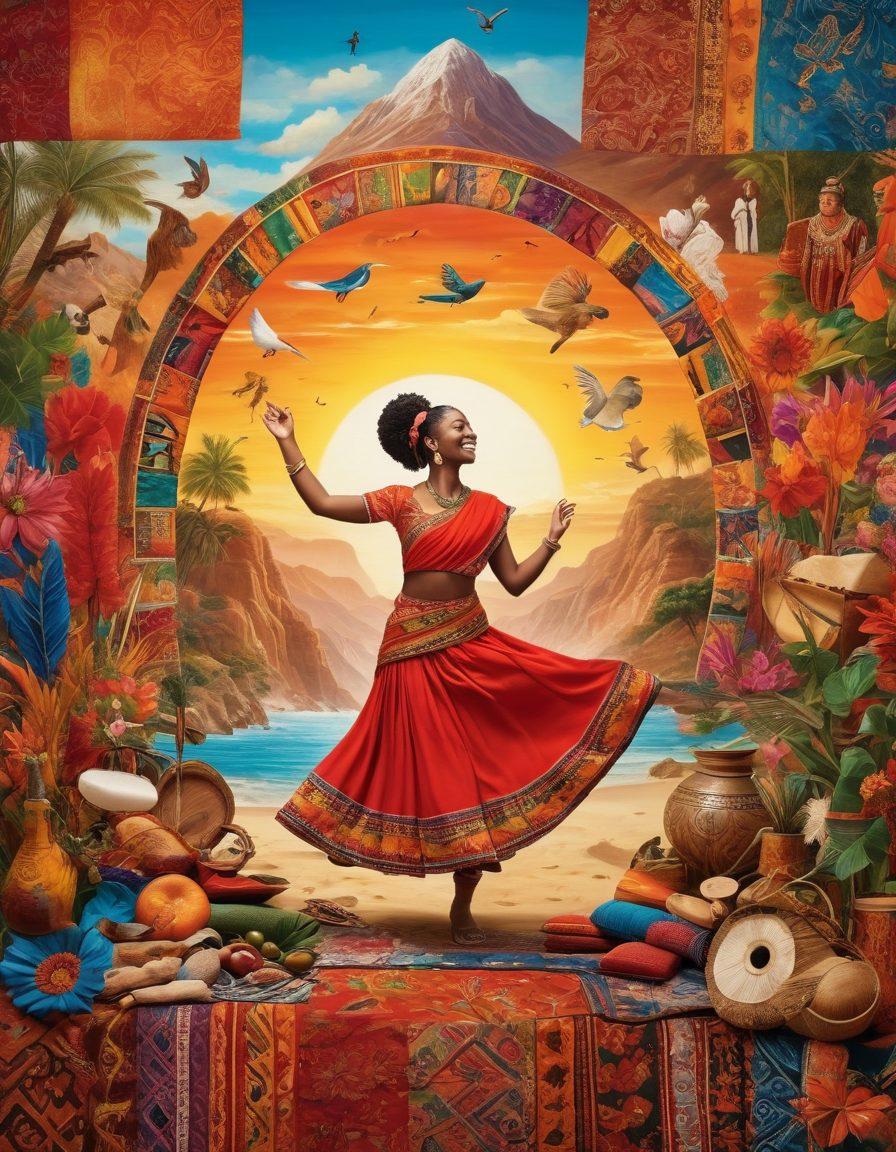 A vibrant collage of diverse cultural symbols and people joyfully interacting, surrounded by colorful traditional textiles and artifacts. Include elements like dancing, sharing food, and traditional music instruments from various cultures. The background should showcase diverse landscapes representing different countries and cultures. The scene should radiate happiness and unity among different cultures, bringing a sense of bliss and connection. vibrant colors. super-realistic.