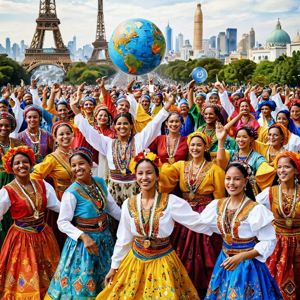 A vibrant mosaic of diverse cultures, showcasing people from around the world joyfully engaging in traditional dances, wearing colorful attire, with iconic landmarks in the background symbolizing global unity. The image captures the essence of celebration, joy, and cultural heritage, blending elements of nature and festivity. super-realistic. vibrant colors. white background.